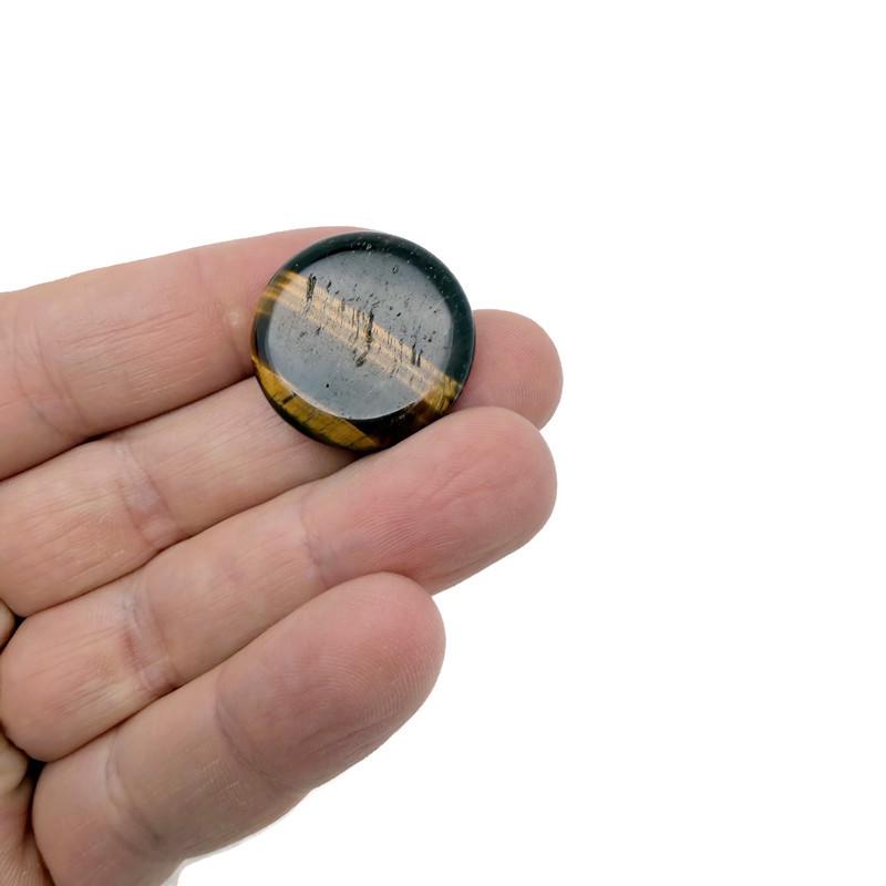 Round Tiger Eye flat gemstone slab, 25mm, showcasing rich golden-brown bands and smooth polished surface from GemstoneGO.