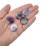 Round amethyst flat gemstone slab, 25mm, from GemstoneGO, showing a polished purple crystal with natural vein patterns.
