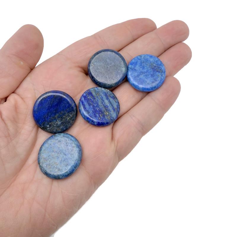 Round lapis lazuli gemstone slab, 25mm flat crystal with deep blue color and gold pyrite flecks, from GemstoneGO.