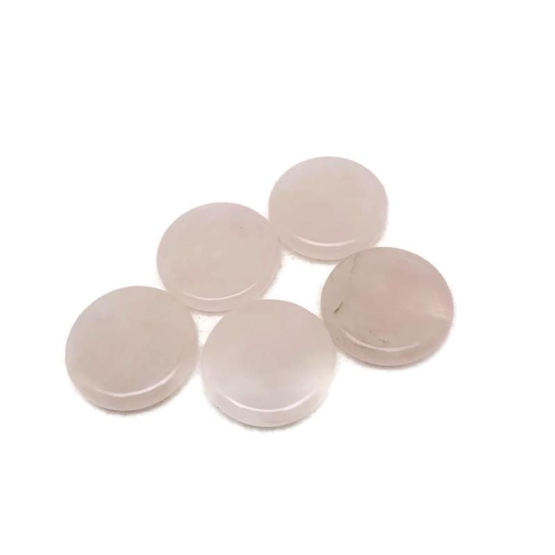 Round rose quartz flat gemstone slab, 25mm diameter, polished crystal from GemstoneGO, showcasing soft pink color and smooth surface.