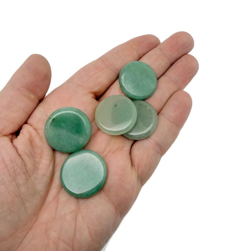 Round Aventurine flat gemstone slab, 25mm, showing polished green aventurine with natural stone patterns and smooth edges.