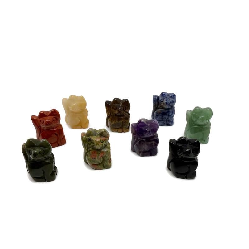 Handmade carved crystal cat animal figure, 30mm size, in mixed gemstone colors by GemstoneGO.