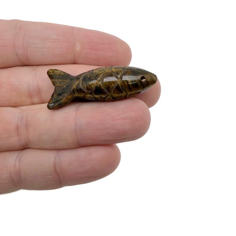 Tiger Eye fish gemstone pendant from GemstoneGO, featuring a lucky fishing charm design in warm, polished yellow-brown stone.