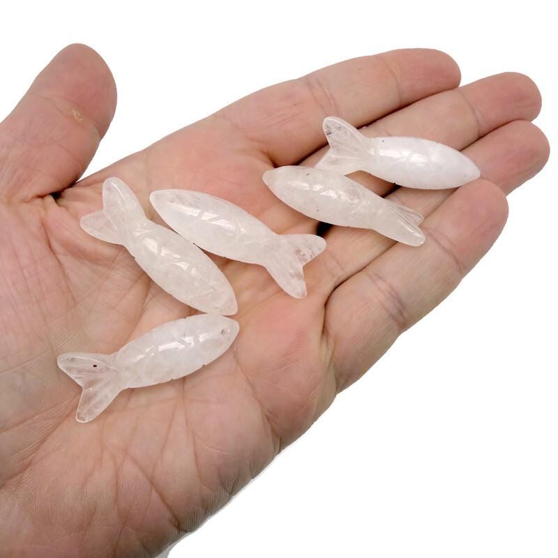 Clear quartz fish gemstone pendant with a silver bail, featuring a detailed fish design, perfect as a lucky fishing charm.