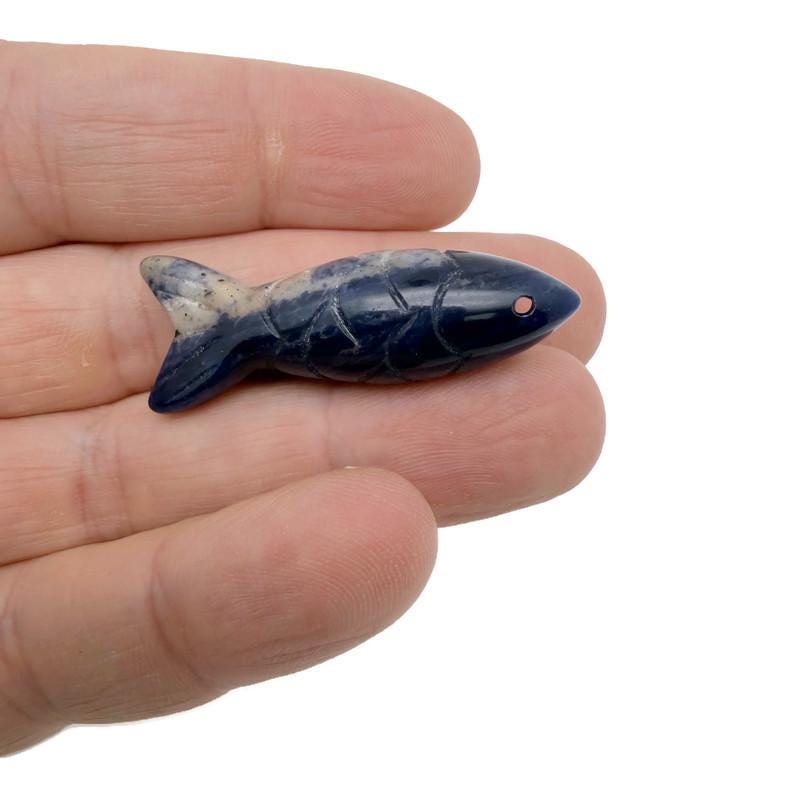 Sodalite fish-shaped gemstone pendant with natural blue and white patterns, jewelry charm for lucky fishing or gift.
