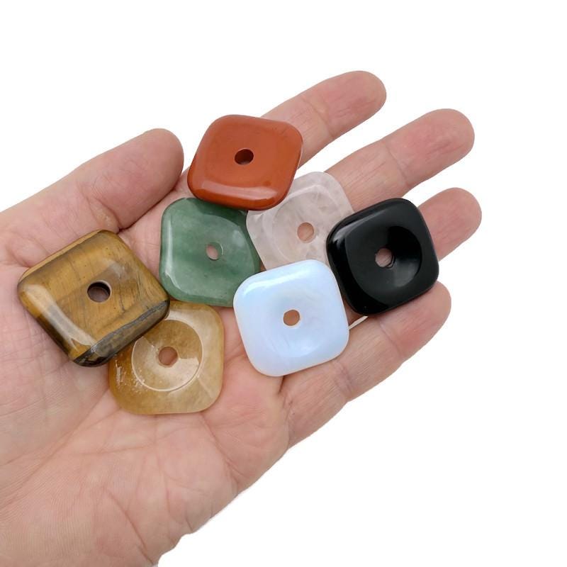 Square crystal donut pendant with Pi symbol, gemstone healing amulet in assorted colors, 30mm size by GemstoneGO.