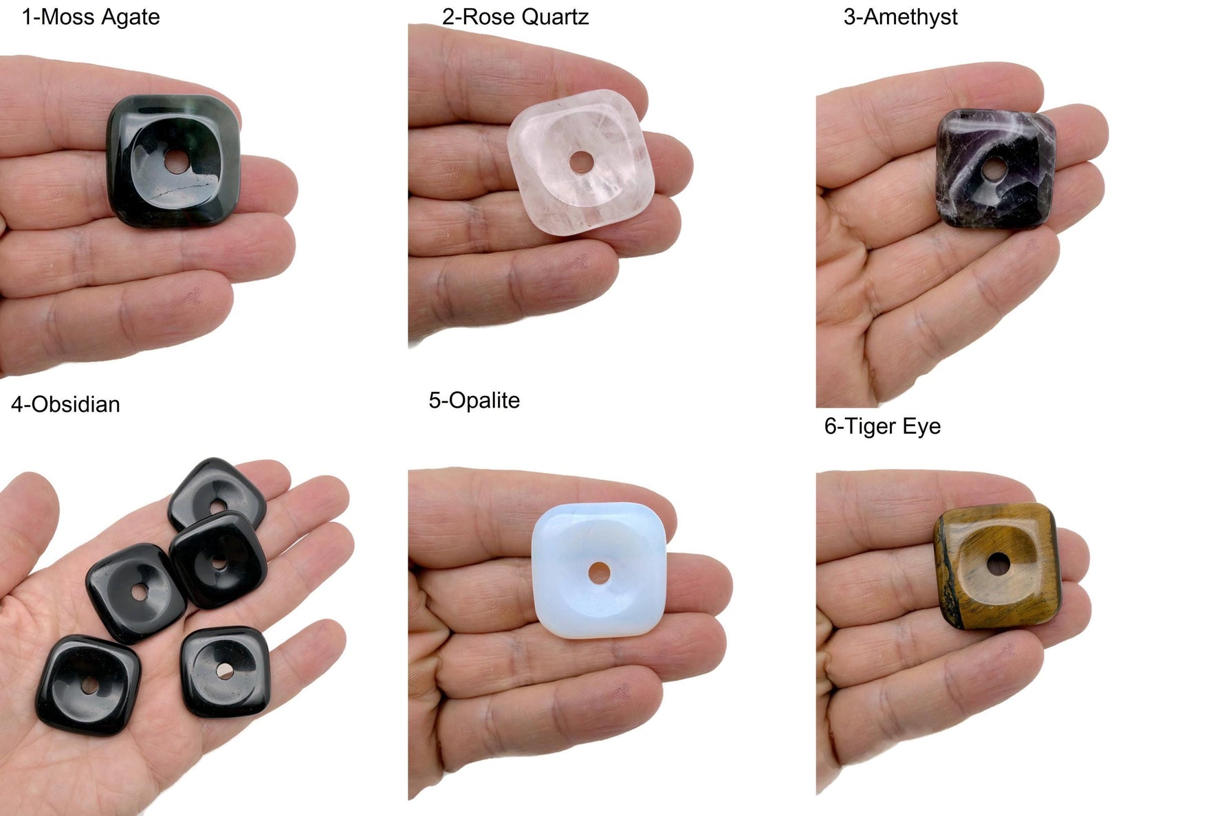Square crystal donut pendant with a Pi stone design, gemstone healing amulet in mixed colors, 30mm size from GemstoneGO.