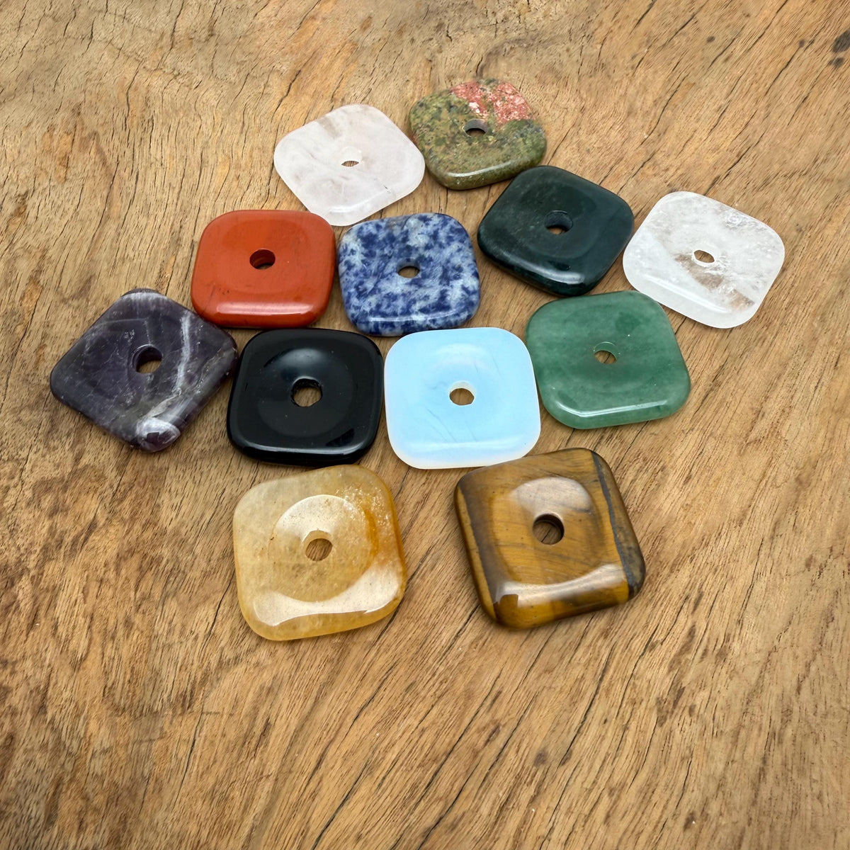 Square crystal donut pendant with multicolored gemstones, 30mm gemstone healing amulet by GemstoneGO.