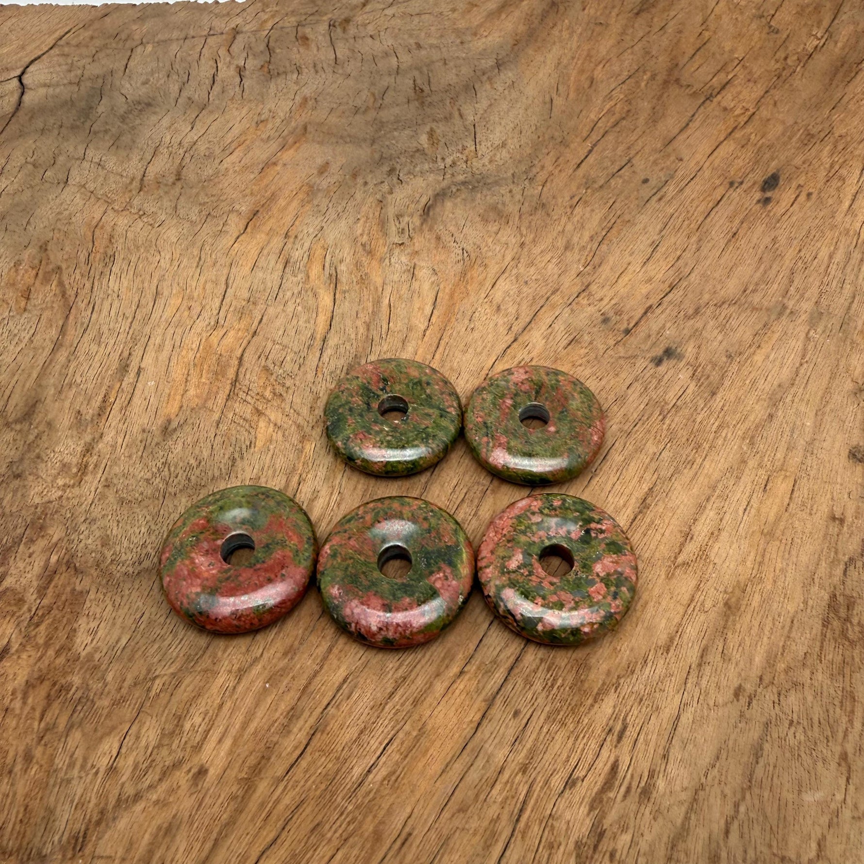 Unakite crystal donut pendant, 30mm Pi stone, natural green and pink gemstone with polished surface, from GemstoneGO