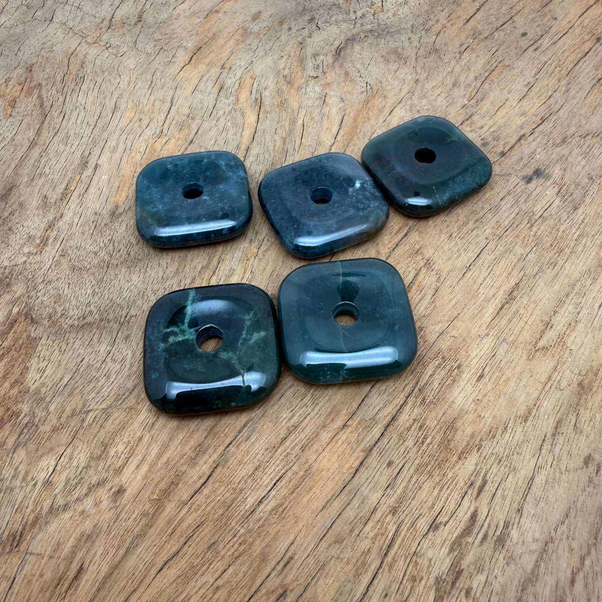 Square moss agate crystal donut pendant, 30mm Pi stone with intricate green and brown natural gemstone patterns.