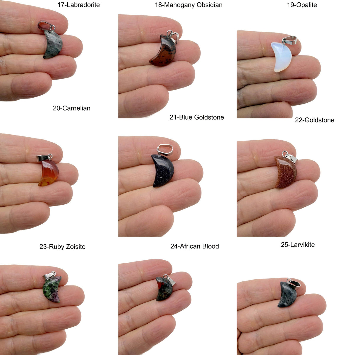 Moon crystal pendant from GemstoneGO, a jewelry making supply with a round, polished moon-shaped gemstone pendant for necklaces.