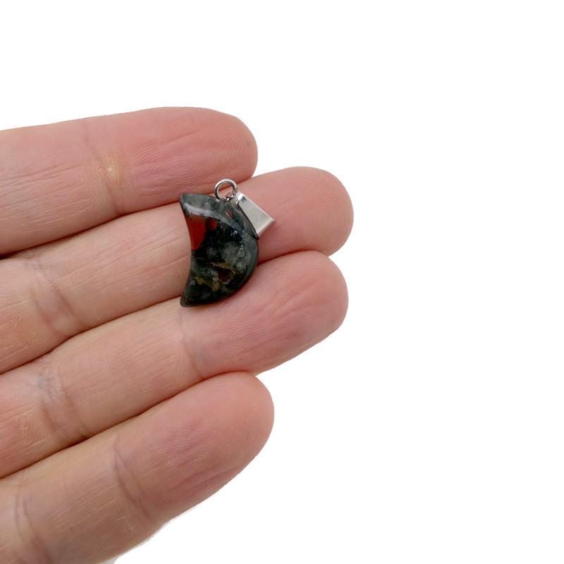African Bloodstone Moon Crystal pendant from GemstoneGO featuring a polished bloodstone with a moon shape for jewelry making.