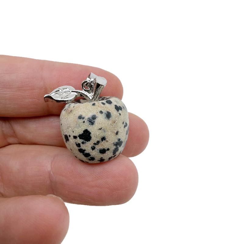 Dalmatian Jasper Apple crystal pendant from GemstoneGO, featuring a mini gemstone pendant with black and beige spotted pattern.