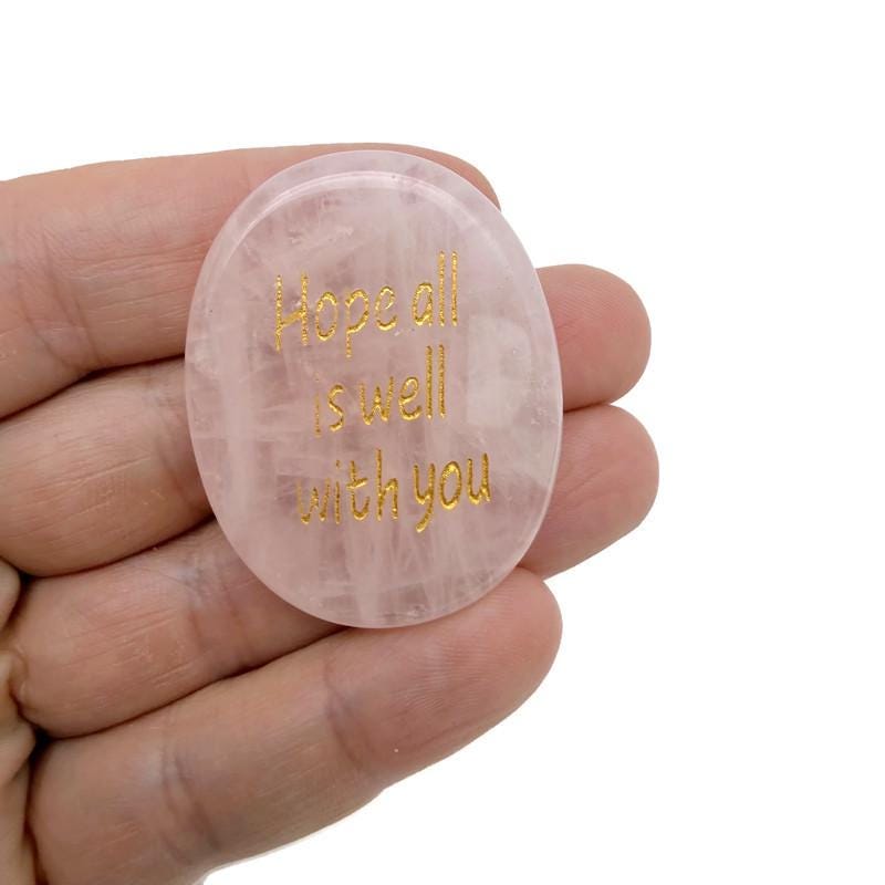 Hope All Is Well With You engraved crystal pocket stone for healing by GemstoneGO, featuring a polished, clear gemstone with engraved message.