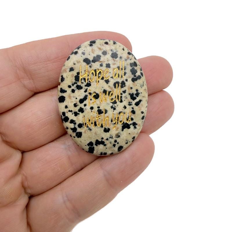Hope All Is Well With You engraved crystal pocket stone by GemstoneGO, featuring a polished clear gemstone with engraved message for healing.