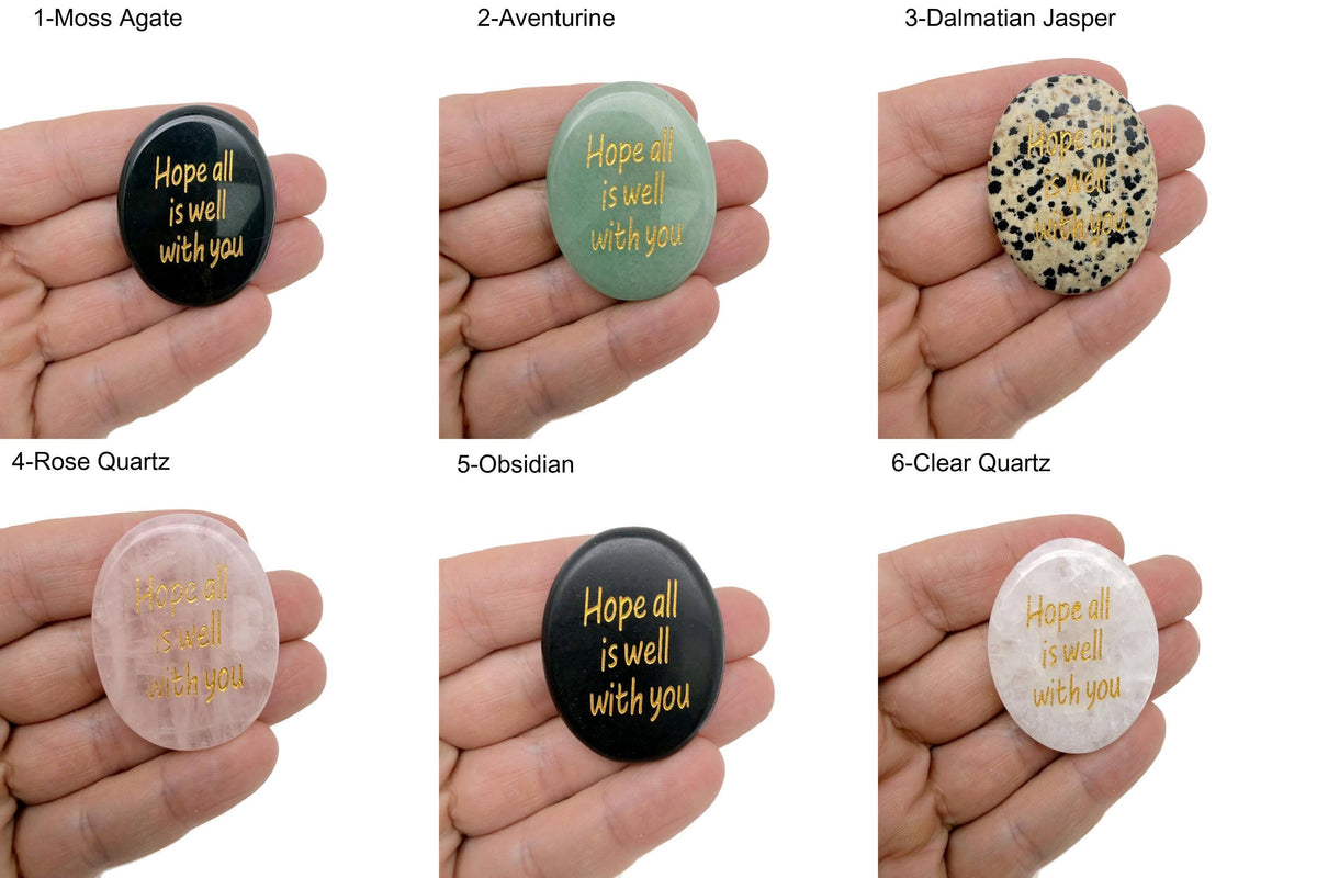Hope All Is Well With You engraved crystal pocket stone for healing by GemstoneGO, featuring a polished clear gemstone with engraved message.