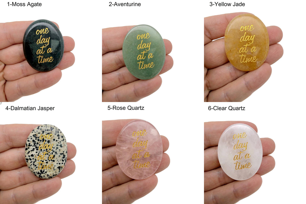Clear engraved crystal featuring the "One Day at a Time" inspirational message by GemstoneGO, with a smooth, polished surface and engraved text.