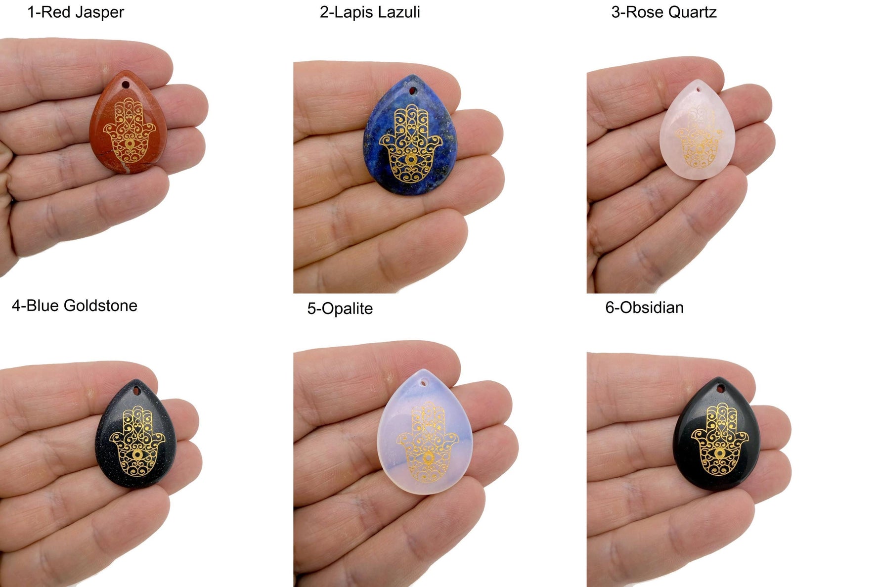 Engraved Hamsa Hand crystal from GemstoneGO with drilled hole, symbolizing protection, luck, and spiritual energy.