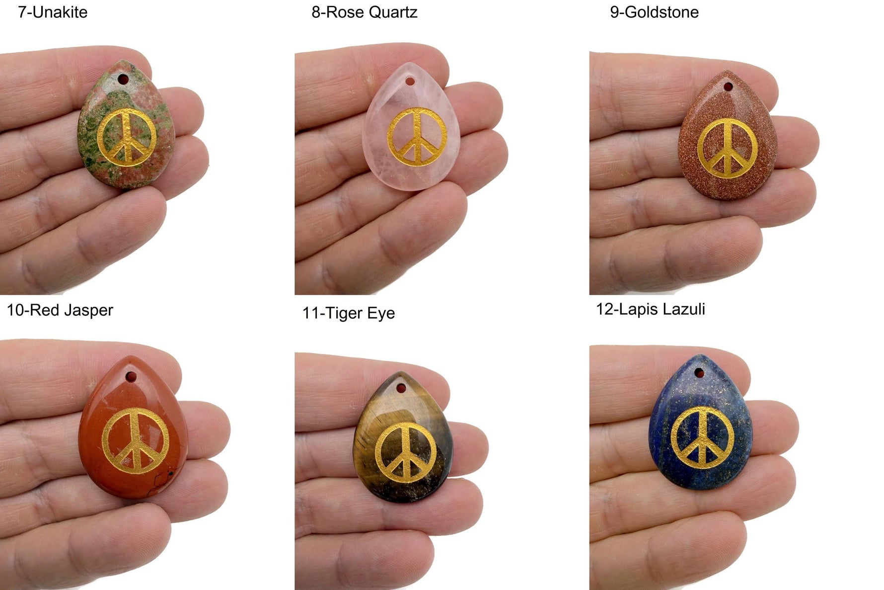 Engraved crystal peace symbol charm from GemstoneGO, drilled for jewelry, representing calm, harmony, and positive energy.