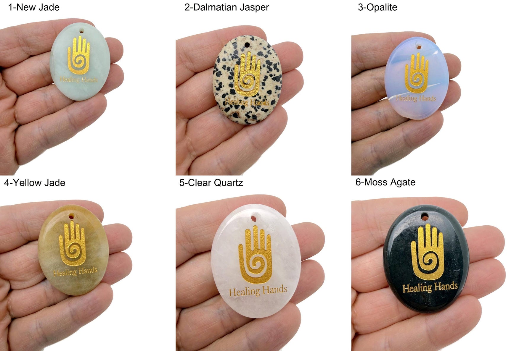 Healing Hands engraved crystal amulet by GemstoneGO, drilled energy healer gift jewelry with intricate design.