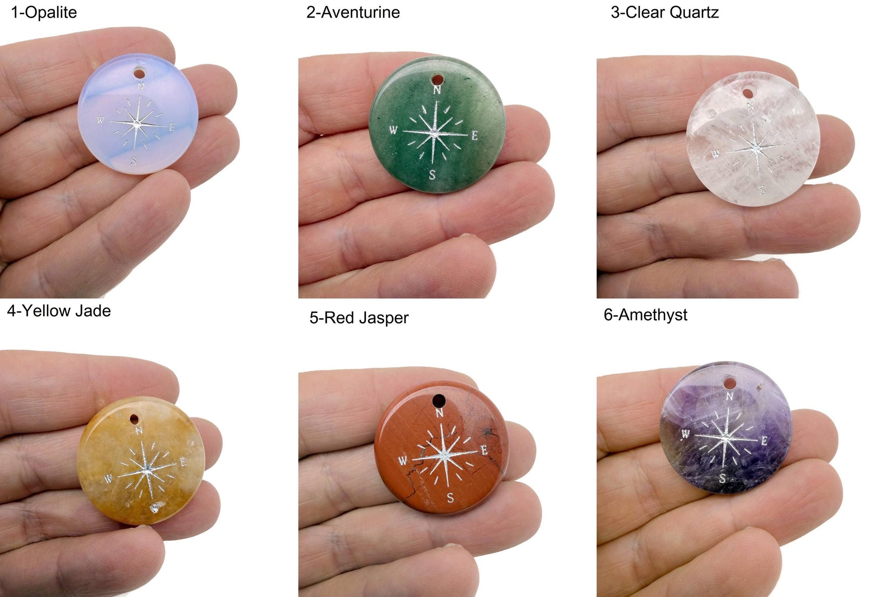 Engraved crystal compass pendant with drilled hole for necklace, ideal traveler gift from GemstoneGO.