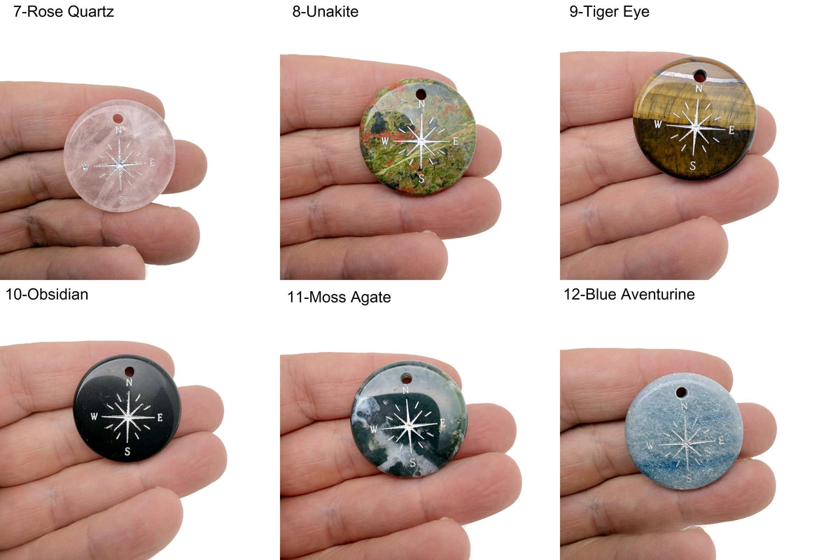 Engraved crystal compass pendant with drilled hole, crafted by GemstoneGO, ideal for traveler gift or decorative keepsake.