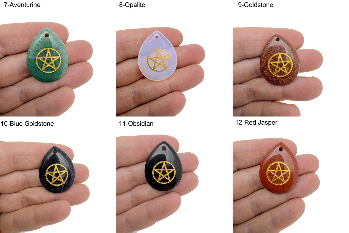 Pentagram engraved crystal from GemstoneGO, drilled pagan protection and balance stone on a white background.