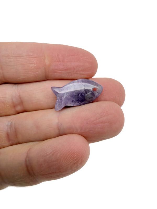 Amethyst fish-shaped crystal pendant with silver bail, showcasing a purple healing stone charm for jewelry making.