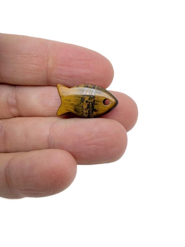 Tiger Eye fish-shaped crystal pendant with healing properties, featuring a polished fish charm for jewelry, by GemstoneGO.