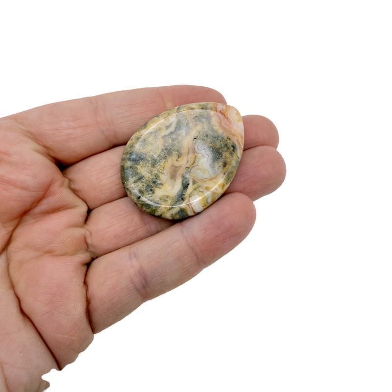Crazy Lace Agate worry stone from GemstoneGO, a 45mm soothing crystal with intricate lace-like patterns, ideal for meditation.