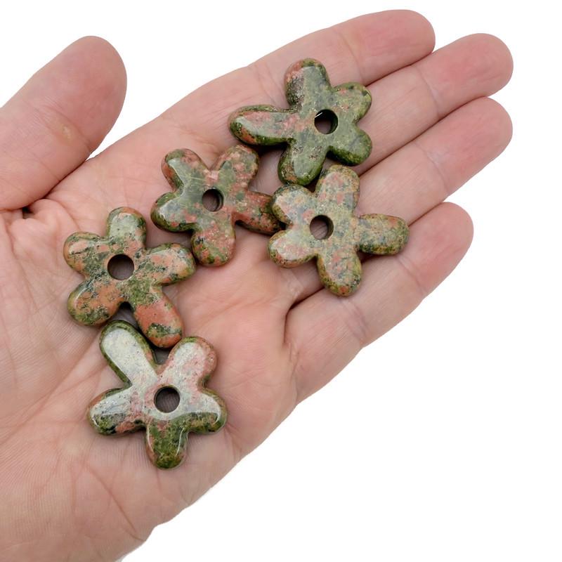 Unakite flower gemstone pendant with carved crystal flower charm, featuring vibrant green and pink hues, by GemstoneGO.