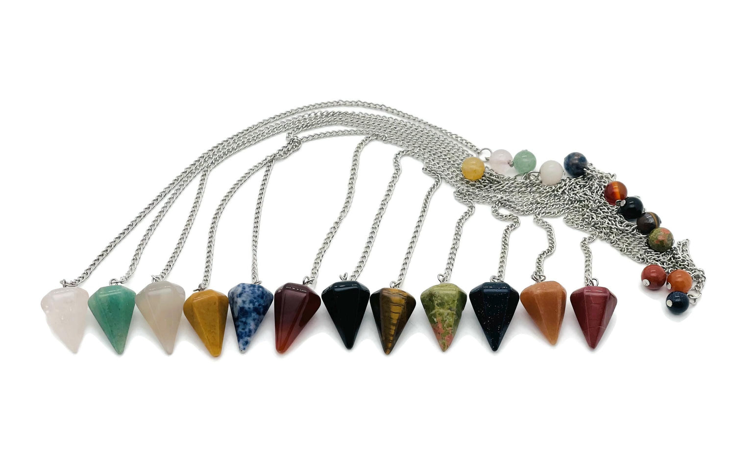 Healing crystal pendulum with stainless steel chain from GemstoneGO, featuring a polished gemstone and durable chain for energy work.