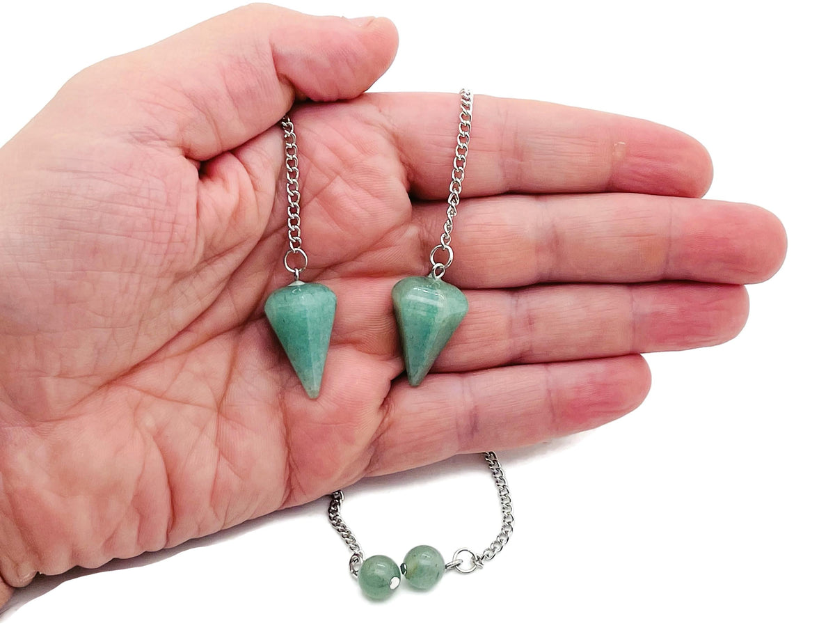Aventurine crystal pendulum with stainless steel chain from GemstoneGO, showing a green stone hanging from a silver chain.