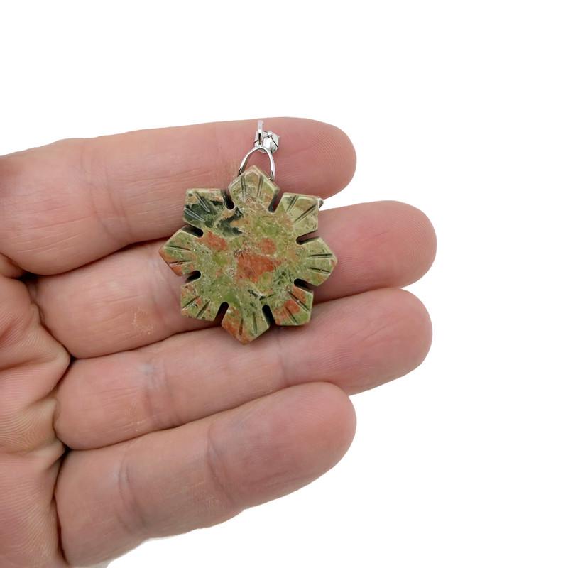Pendentif flocon de neige en pierre précieuse unakite ?€? Breloque fleur en cristal sculpté - NC1917
