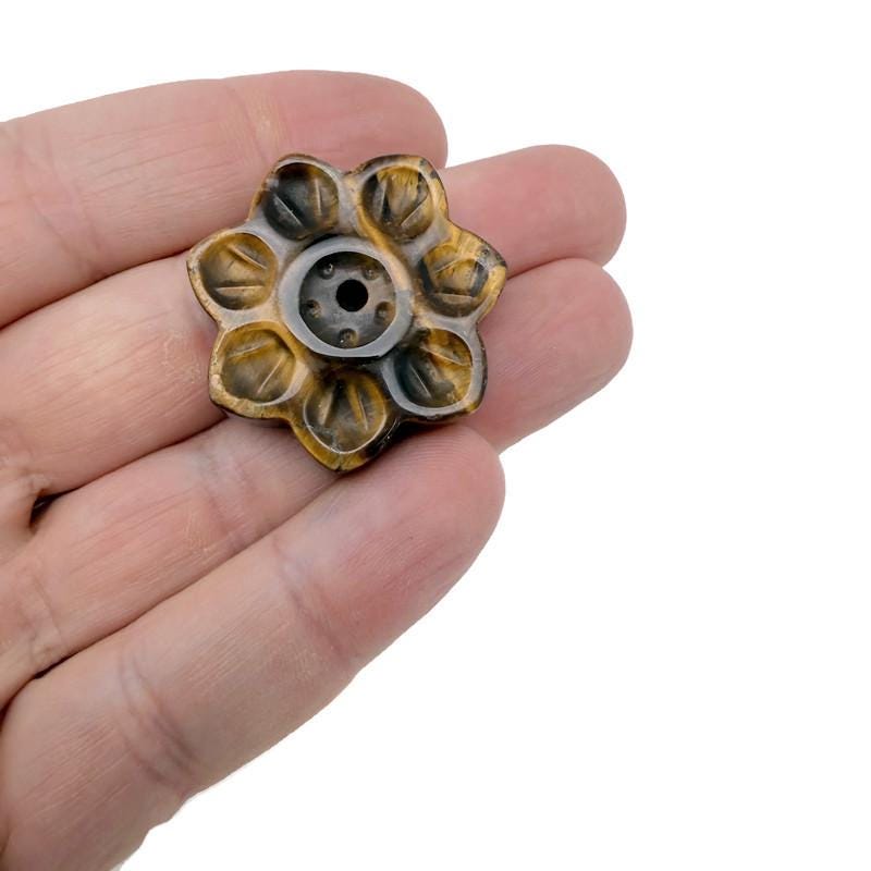 Natural crystal flower incense holder by GemstoneGO, carved gemstone stick burner for meditation and aromatic incense use.