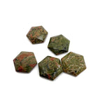 Faceted Unakite hexagon crystal pendant necklace with a smooth bead design, showcasing natural green and pink stone details.