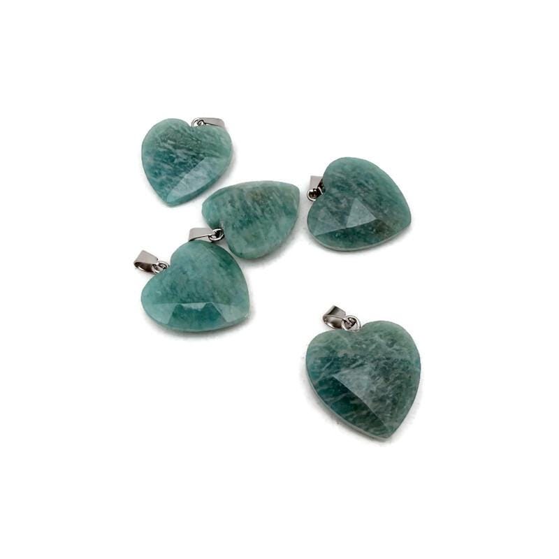 Faceted Amazonite heart-shaped crystal pendant from GemstoneGO, showcasing natural blue-green gemstone with a silver loop.
