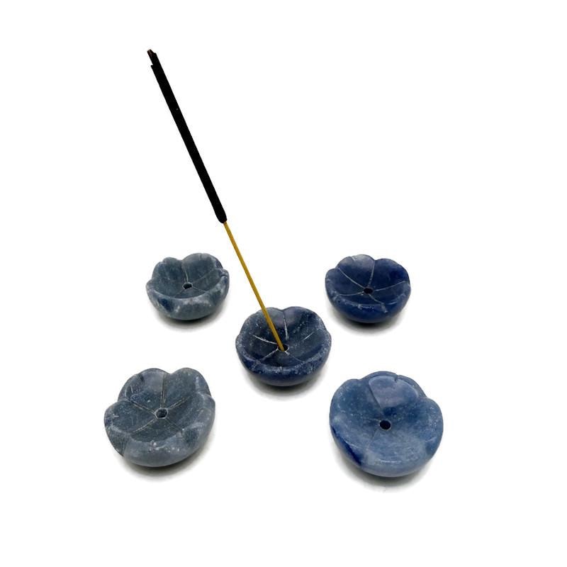 Blue aventurine crystal flower-shaped incense holder for cleansing and relaxation, crafted by GemstoneGO.