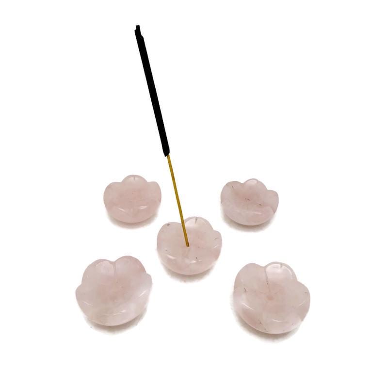 Rose quartz crystal flower incense holder by GemstoneGO, designed for cleansing and relaxation, with a carved floral shape and space for incense.