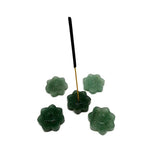 Aventurine crystal flower incense holder by GemstoneGO, carved gemstone stick burner for meditation, with intricate floral design.