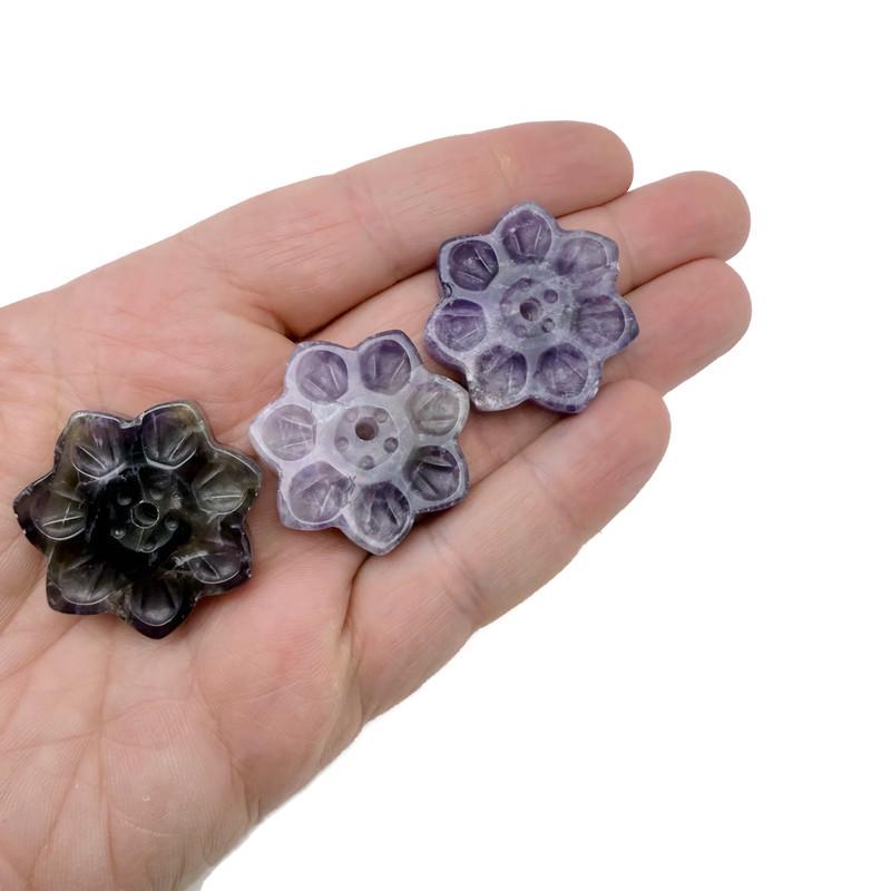 Amethyst natural crystal flower incense holder by GemstoneGO, carved gemstone stick burner for meditation and spiritual use.