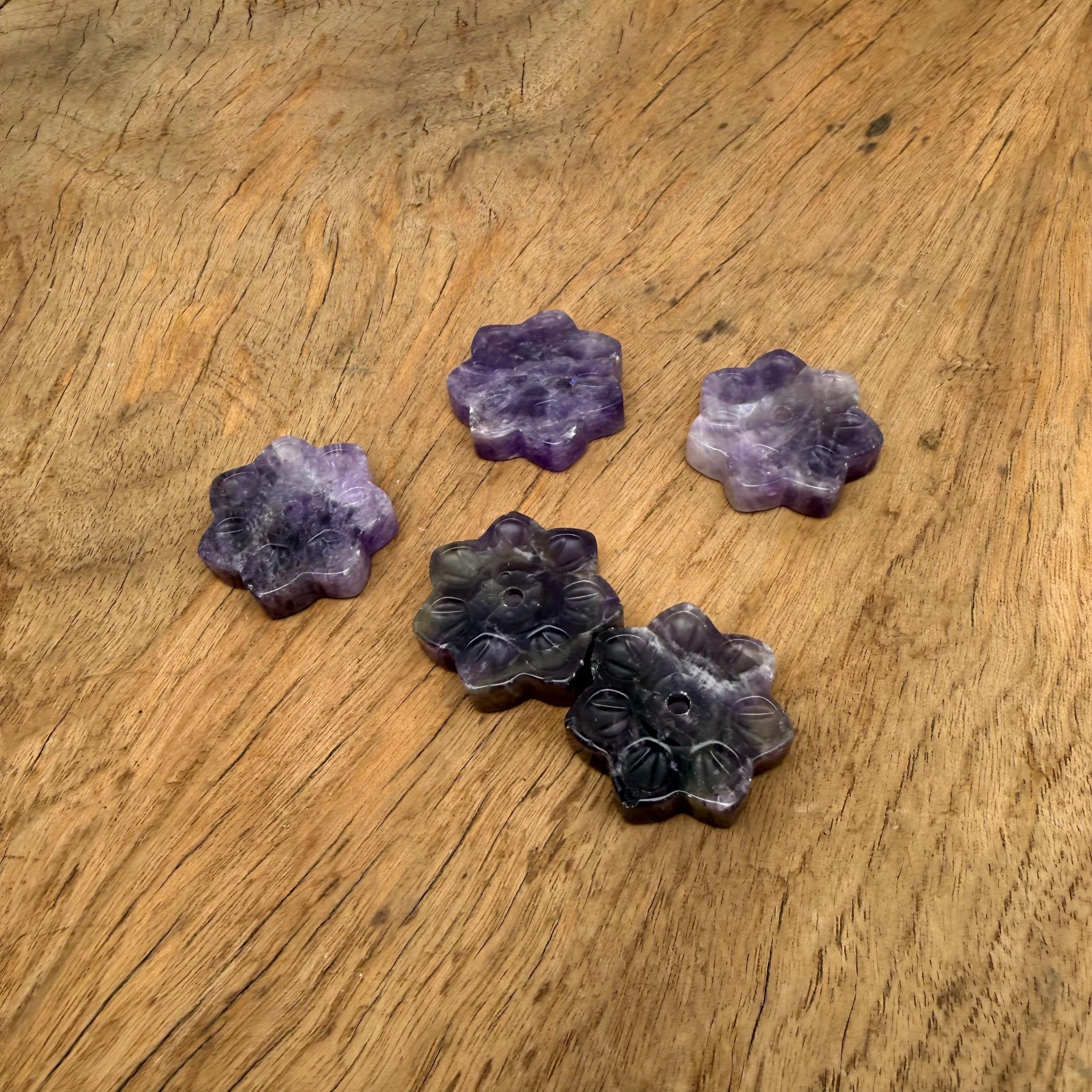 Amethyst natural crystal flower incense holder with carved gemstone design, ideal for meditation and stick burning.