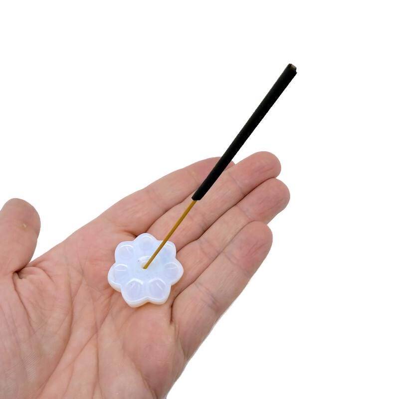 Opalite natural crystal flower incense holder by GemstoneGO, carved gemstone stick burner for meditation and spiritual practices