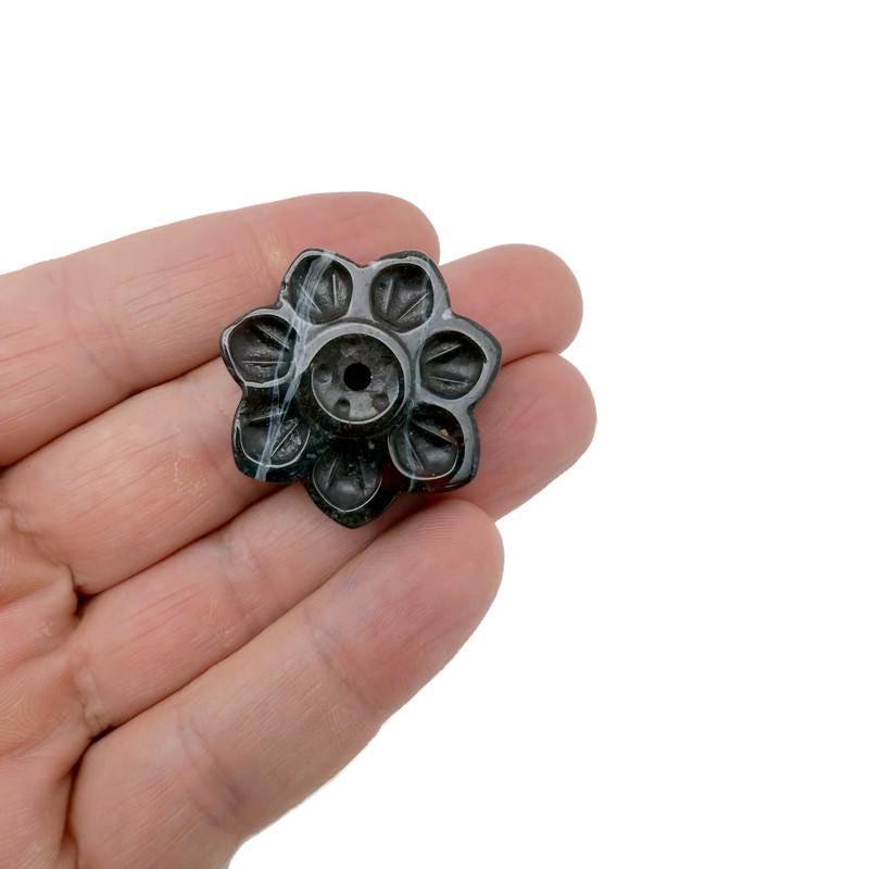 Natural moss agate crystal flower incense holder by GemstoneGO, carved gemstone stick burner for meditation and decorative use.