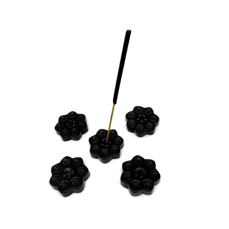 Obsidian natural crystal flower incense holder by GemstoneGO, carved gemstone stick burner for meditation and spiritual practices