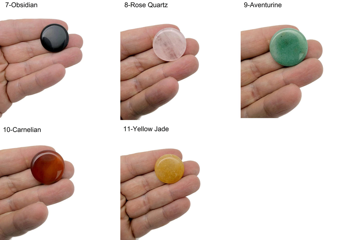 Round polished gemstone slab from GemstoneGO, smooth 25mm pocket meditation stone in various mixed colors.