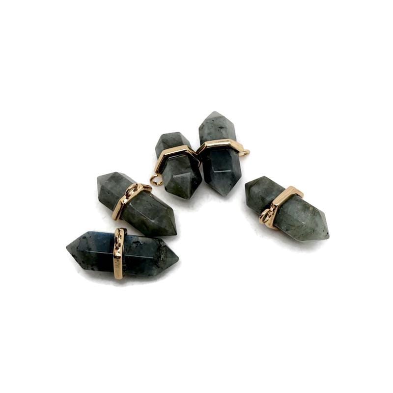 Labradorite double terminated crystal pendant from GemstoneGO featuring a natural gemstone point with iridescent flashes.