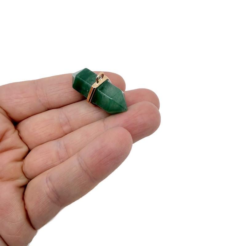 Aventurine double terminated crystal pendant from GemstoneGO, natural green gemstone point with polished facets and pointed ends.