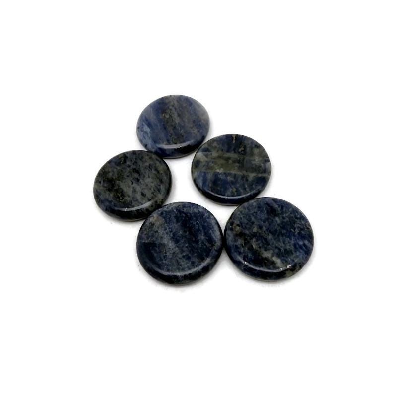 Round Sodalite flat gemstone slab, 25mm crystal from GemstoneGO showing deep blue and white mineral patterns.