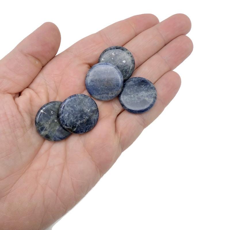 Round Sodalite flat gemstone slab, 25mm size, showcasing deep blue and white natural mineral patterns from GemstoneGO.